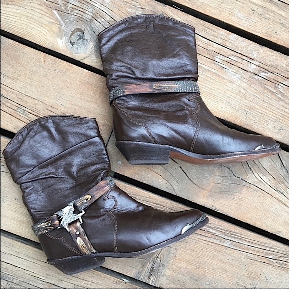 ZODIAC USA Boots Vintage Cowboy Western Gold Silver Eagle Rose Brown Leather 7.5